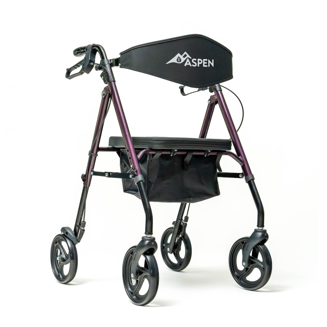 The Carex Aspen Folding Dual-Height Rollator with XL All-Terrain Wheels is shown in purple with four wheels, hand brakes, a black storage pouch, and a labeled black backrest against a plain white background.